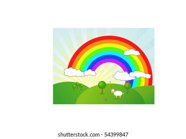 Rainbow and sheep on hills