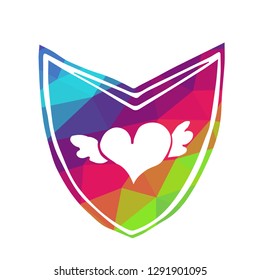 Rainbow Shield with Heart. Flat Line Icon, Sign, Symbol Isolated Background. Graphic Design Abstract Art, Elements, Vector Illustration EPS 10.