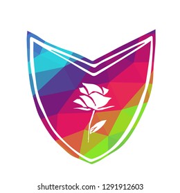 Rainbow Shield with Rose Flower. Flat Line Icon, Sign, Symbol Isolated Background. Graphic Design Abstract Art, Elements, Vector Illustration EPS 10.