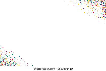 Rainbow Shine Flying White Background. Christmas Splash Invitation. Abstract Round Pattern. Yellow Dot Top Postcard.