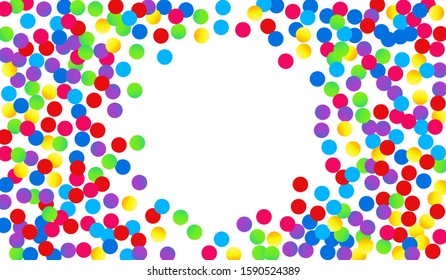 Rainbow Shine Vector Backdrop. Carnival Polka Texture. Decoration Texture. Rainbow Splash Flying Backdrop. Dot Festival Illustration.