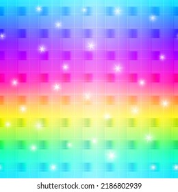 Rainbow Shiny Checkered Seamless Pattern. Sparkling Magic Quadratic Texture. Glitch Effect. Vector Illustration.