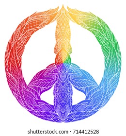 Rainbow sign of peace with a boho pattern. Vector doodle illustration for printing on T-shirts, postcards, stickers and your creativity.