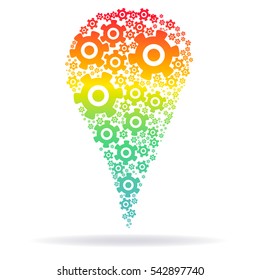 Rainbow silhouette of the  cog gears in a shape of map point 
