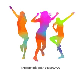 Rainbow silhouette of dancing girls. Vector illustration