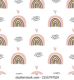 Rainbow. Simple seamless pattern with rainbow and doodles