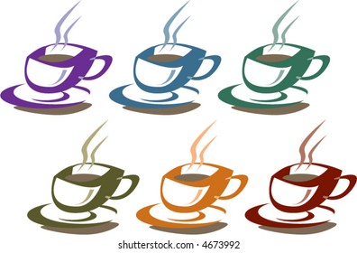 A rainbow of six different colored coffee cups