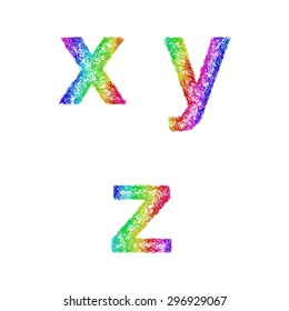 Rainbow sketch font design set - lowercase letters x, y, z