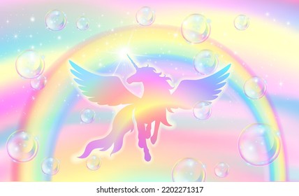 Rainbow sky background with flying bubbles and magic castle. Vector image.