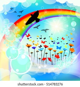 Rainbow in the sky beautiful background. Vector