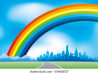 Rainbow In The Sky And The City On The Horizon.