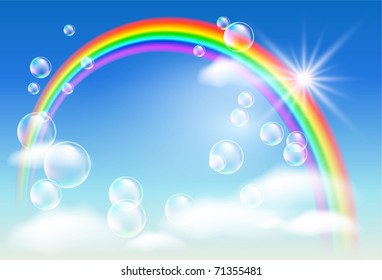 Rainbow, sky, clouds, bubbles  and  sunshine