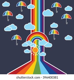 Rainbow sky with clouds illustration background pattern in vector. Background vector can be used for wallpaper, cover fills, web page background, surface textures. Vector linen texture.