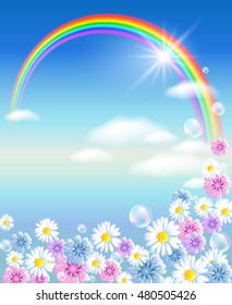 Rainbow in sky clouds with meadow flowers