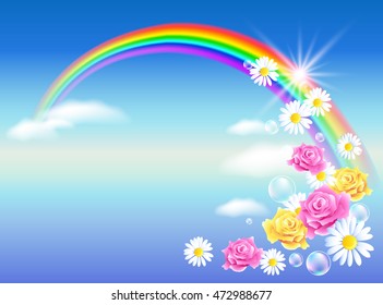 Rainbow in sky clouds with roses and diasy