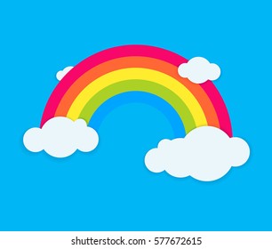 Rainbow, sky, clouds. Vector cartoon color illustration isolated on blue. Summer symbol. Design for children room interior, poster, card
