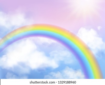 Rainbow sky. Fantasy heaven landscape rainbow in white clouds iridescent girly unicorn background