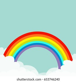 Rainbow in the sky. Fluffy cloud in corners. Cloudshape. Cloudy weather. LGBT gay symbol sign. Flat design. Blue background. Isolated Vector illustration