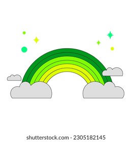 A rainbow in the sky with green and yellow stripes. Vector illustration of an isolated rainbow on a white background