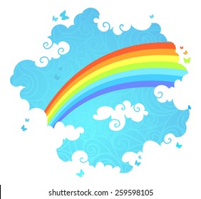 Rainbow in the sky. Illustration of rainbow, blue sky, white clouds and flying butterflies with blank place for your text.