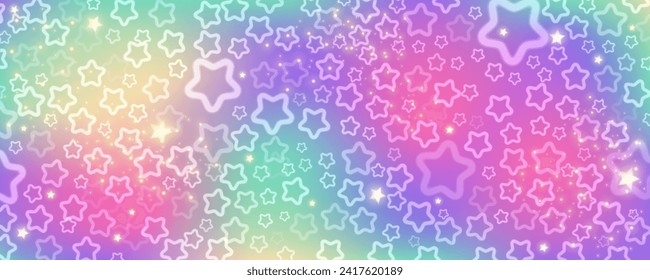 Rainbow sky with stars and bokeh. Kawaii fantasy background. Magic glitter space with iridescent texture. Abstract vector wallpaper