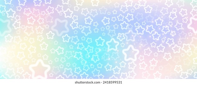 Rainbow sky with stars and bokeh. Kawaii fantasy background. Magic glitter space with iridescent texture. Abstract vector wallpaper.