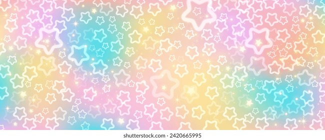 Rainbow sky with stars and bokeh. Kawaii fantasy background. Magic glitter space with iridescent texture. Abstract vector wallpaper