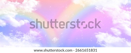 Rainbow sky unicorn dreamscape with pastel gradient. Fluffy white clouds floating through magical atmosphere with sparkling stars scattered across ethereal backdrop for fantasy childish design.