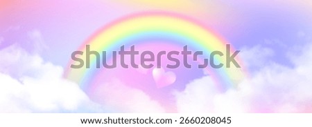 Rainbow sky unicorn paradise with soft pastel arc curving through white clouds. Blurry hearts floating in dreamy atmosphere with purple and pink gradient backdrop for fantasy artwork. Childish soft bg