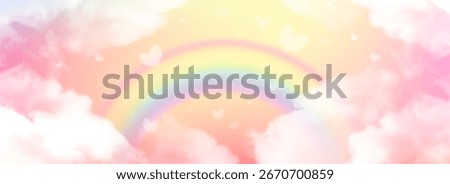 Rainbow sky unicorn paradise with soft pastel arc curving through white clouds. Blurry hearts floating in dreamy atmosphere with yellow and pink gradient backdrop for fantasy artwork. Childish soft bg