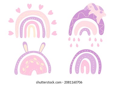 Rainbow. Sleeping bunny. Abstract boho rainbow, rabbit minimalist arch. Nursery and baby room. Cute animal stock modern trendy hand drawn flat illustration isolated on white background.