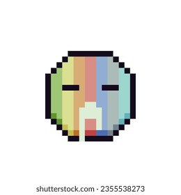 Rainbow sleepy face with dripping saliva pixel art icon emoticon cartoon character. 8-bit style. Show the language of emotion. Flat style. Isolated abstract vector illustration.