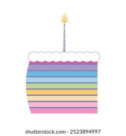Rainbow slice of cake with white icing and one candle on white background