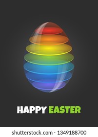 Rainbow sliced glass egg on dark background, Happy Easter vector greeting card