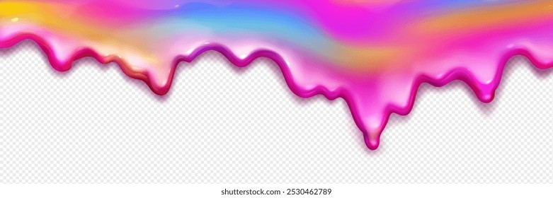 Regenbogenschleimpolster einzeln auf transparentem Hintergrund. Vektorrealistische Illustration von Farbverlauf flüssiger Substanz tropfen auf Oberfläche, abstrakter bunter Glitter, irisierende Flüssigkeit Grenze