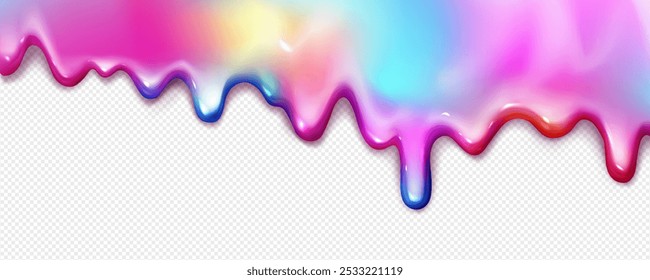 Esfregaço de arco-íris isolado no fundo transparente. Ilustração realista de vetor de gradiente de cor líquido substância gotejando para baixo superfície, brilho colorido abstrato, borda de fluido iridescente