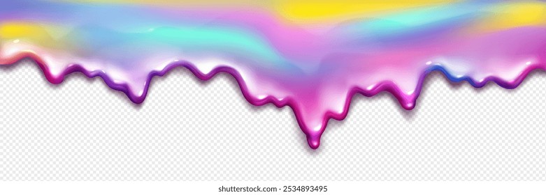 Rainbow slime splash isolated on transparent background. Vector realistic illustration of color gradient liquid substance dripping down surface, abstract colorful glitter, iridescent fluid border