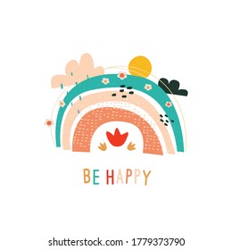 Rainbow slogan graphic print. Baby art design. Abstract decorative rainbow illustration with dotty raindrops, textured cloud, inspirational quote. Vector funny print for birthday greeting card, poster