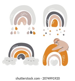 Rainbow sloth animal. Abstract boho rainbow, minimalist arch. Nursery and baby room. Cute animal stock modern trendy hand drawn flat illustration isolated on white background.