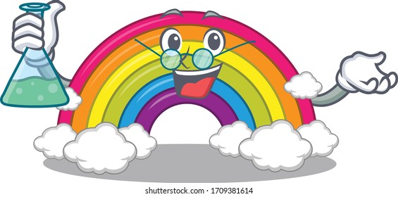 Diseño de caricaturas estilo Rainbow smart Professor trabajando con tubo de vidrio