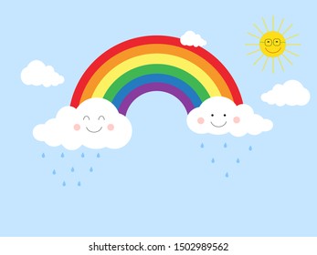 Rainbow with smile clouds and sun on rainy day. Blue sky background. Weather forecast vector.Illustration.