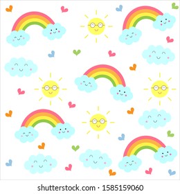 Rainbow with smile clouds and sun wear sunglasses after rainy day isolated on white background with colorful heart pattern. Blue sky background. Weather forecast vector eps.10.Illustration.