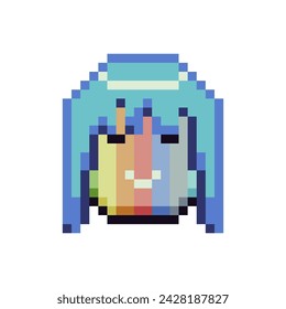 Rainbow smiley glad face happy pixel art icon with blue hair, cheerful emoticon cartoon character. 8-bit flat style. Show language of emotion. Isolated abstract vector illustration.