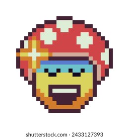 Rainbow smiley glad face happy pixel art icon cheerful emoticon cartoon character with fly agaric cap on head. 8-bit flat style. Isolated abstract vector illustration.