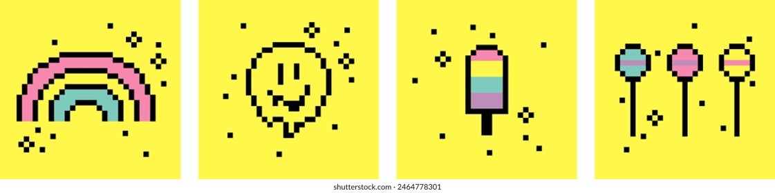 Arcoiris, carita, helado. Conjunto de Elementos de arte de píxeles. Y2k pegatinas de moda de píxeles juguetones. Sentimiento de la estética de los 90. Ilustración vectorial de estilo retro de 8 bits. Divertido de color. Forma geométrica simple. Paquete de iconos