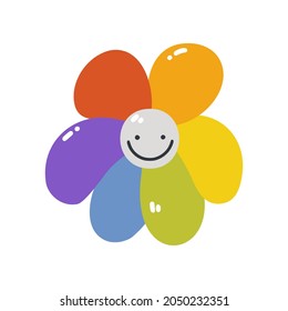 Rainbow smiling flower is a symbol of LGBTQ. Vector illustration of an isolated flower on a white background. A simple flat icon. Happy pride month.