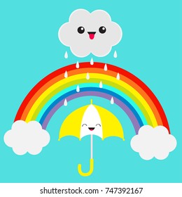 Rainbow. Smiling laughing umbrella. Cute cartoon kawaii cloud with rain drops. Showing tongue emotion. Eyes and mouth. Blue sky background. Baby funny character emoji collection. Flat design. Vector