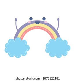 rainbow smiling with two blue clouds vector illustration design