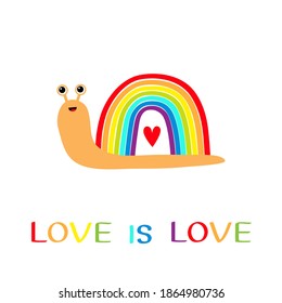 Rainbow snail insect bug on white background. Red heart. Colorful line set. Greeting card. Love is love text quote. LGBT community. Flat design. Vector illustration