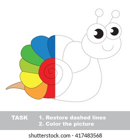 Rainbow snail in vector colorful to be traced. Restore dashed line and color the picture. Visual game for children. Worksheet to be colored.